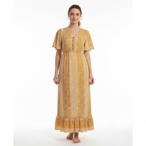 Polagram Mustard Yellow Geometric Print Button Front Maxi Dress Size Small